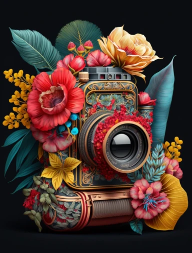 an old fashioned photo camera just 1 photo lens only, surrounded by an intricate arrangement of dramatic extravagant digital 3D red peonies and yellow tiare, in the style of large-scale photography, lush detailing, cartoon style, playfully intricate, made of flowers, bloomcore, tropical ambiant, 8K, clipart, clear background