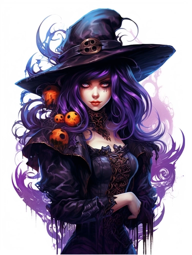 halloween haunted scary gothic steampunk witch, magic, purple,in the style of colorful fantasy realism, bold, manga, sticker art, clipart png, photorealistic, watercolor, digital painting, WHITE BACKGROUND, fantasy style, realistic, painting, 8k, ultra details,