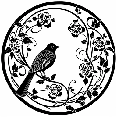 Left aligned, bottom aligned, quarter of a circle, art nouveau style, black lines, detailed, flat design, flat flowers and bird, white background, clipart style, black and white,