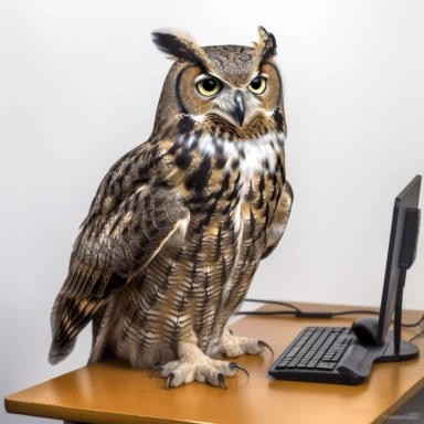 clipart of a full body ultra realistic great horned owl. Use fantastical nature. Full body image of great horned owl detailing its hyper realism features sitting on a walnut computer desk