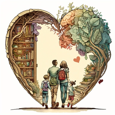 (perfect body figure) of a cute loving American family of 4, hiking in a magical BOOKSTORE (a perfect close-up single-point-perspective view from the back) with its own habitats (flowers and plants) made into a natural-heart-shape, vintage in watercolor style clipart, use darker tones, higher saturation colors, Banksy artstyle with minimal effects, super creative watercolor, white background