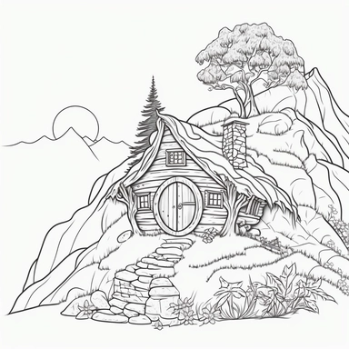 Coloring book page for kids, a hobbit house in a hill, clipart, cartoon kids style hand drawn line art, black and white