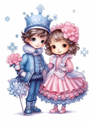 Cute pink snow Princess and blue prince Sublimation Clipart, Illustration clipart, 4K, extremely detailed Sublimation Clipart,Cartoon,hyper realistic, intricate detail, illustration style,high solution,on the white background