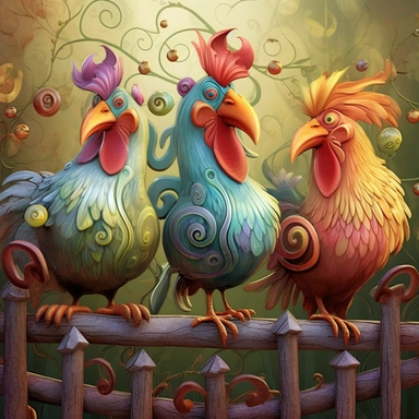 Whimsical magical wacky chickens on a fence, muted colors, swirls, twists, twirls, metallic, glitter, stylized, funny, centered, airbrushed, digital oil, detailed illustration, clip art, cartoon, 8k,-- ar 9:8