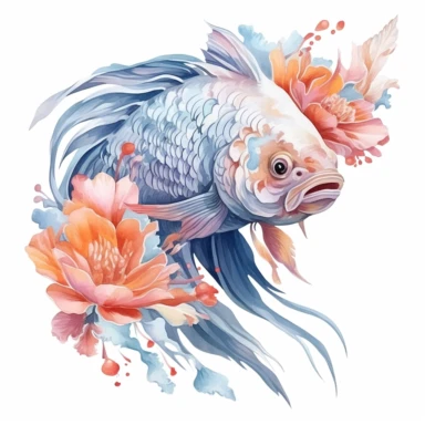 Fantasy floral Koi Fish Clipart, Watercolor Cartoon, hyper realistic, intricate detail, illustration style, high resolution, on the white background