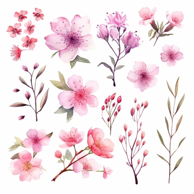Enchanting watercolor clipart set featuring pink flower blossoms, each captured from a different angle, framed with soft and flowing brushstrokes, as if the flowers themselves are a gentle symphony, whispering melodies of love, joy, and the beauty of life, clipart on a white backdrop.