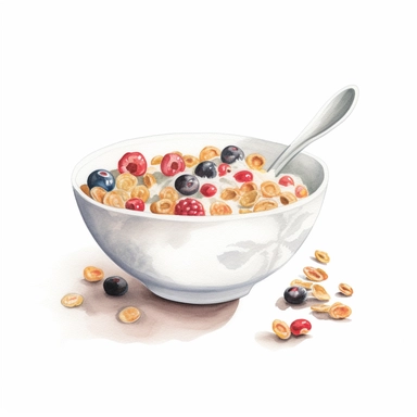 watercolor for a clipart with a white background of a bowl of cereal with milk, realism, painted by anne dewailly