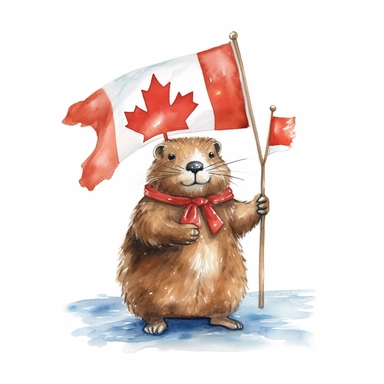 Design a detailed watercolor clipart featuring a beaver holding a canada flag. Depict it in a playful and artistic style, emphasizing their connection to Canada. Ensure each clipart is isolated on a clean white background, with a file size of 120K