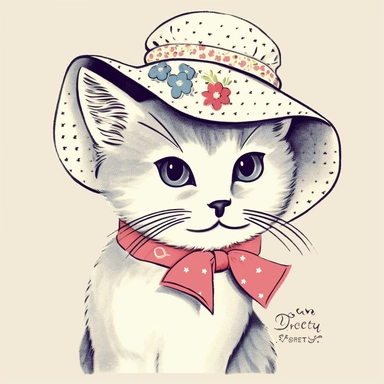white vintage looking kawaii cat wearing hat clip art