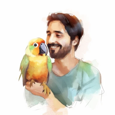 Adorable pet Lovebird having happy moment with it's human owner, water color style, clipart, white background