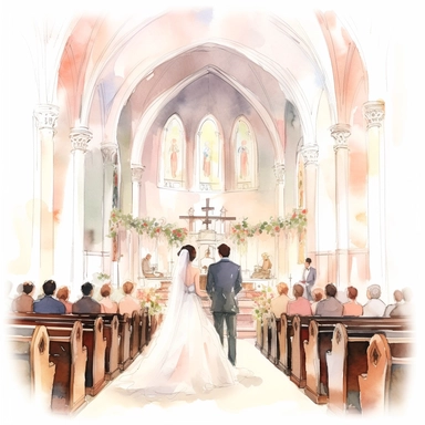 Wedding Watercolor, brides and groom in church in clipart on white background, more focus on couples