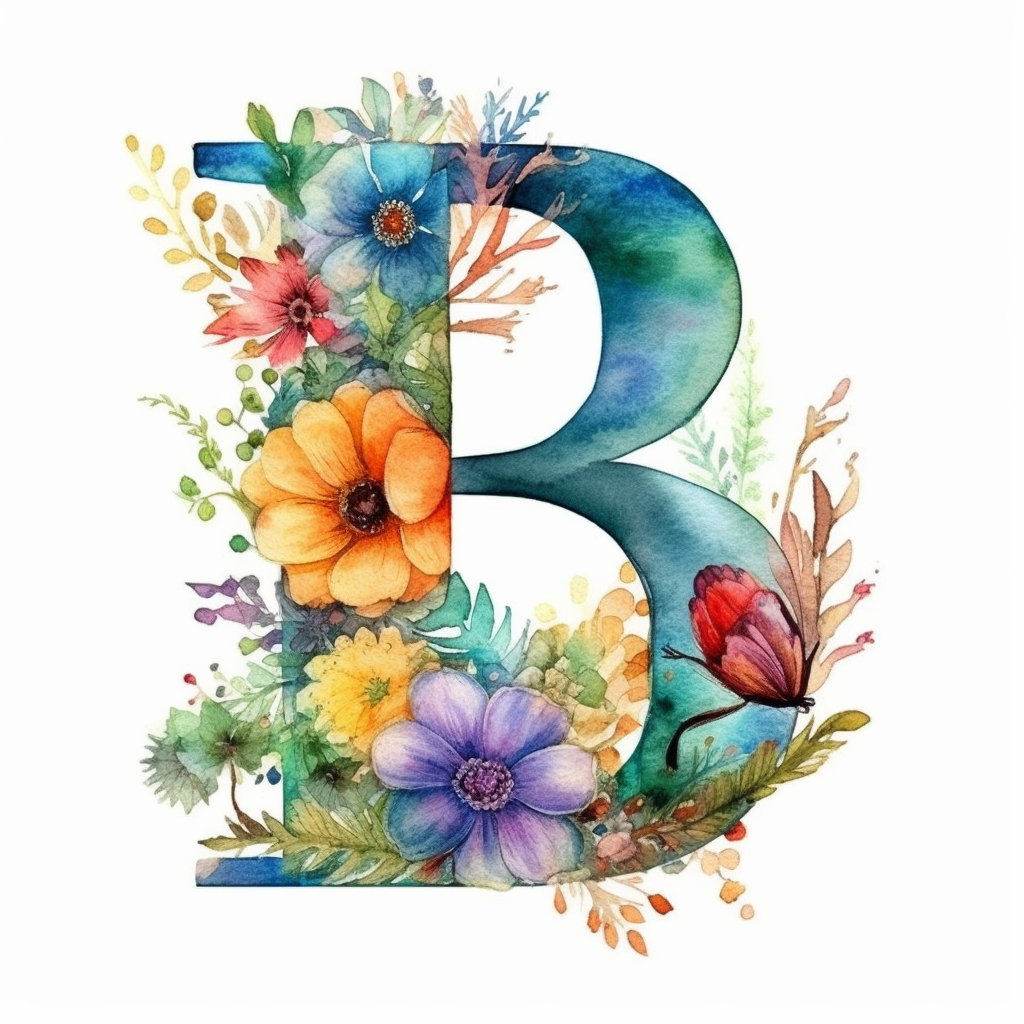 watercolor letter B with colorful flowers clipart, single clipart, high ...