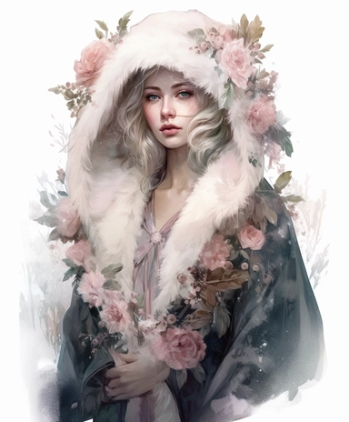 isolated on white illustration watercolor art of a portrait of beautiful feminine witch, overgrown with white and light pink roses and flowers, covered with snow and ice, a lot of moss and branches, lace and embroidery, trees, fur cape, masterpiece by Tom Bagshaw style and by Hans Zatzka style and by James C. Christensen style and by Alexander Jansson style, Baroque fashion, PNG clipart, isolated on white, white background, extreme photorealistic details, 32k HD resolution, realistic high detail