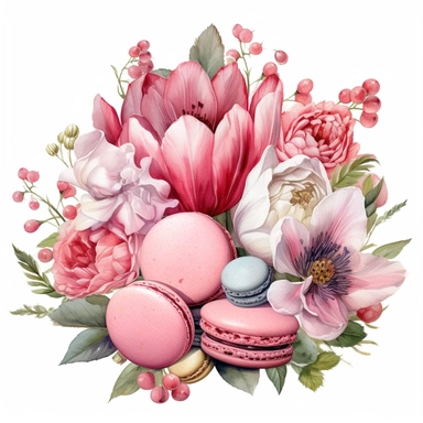 high detail romantic Clipart of pink toned flowers and beautiful macroons on a white background