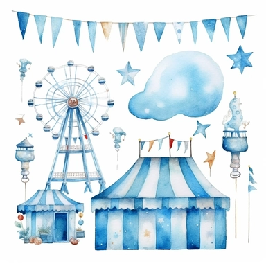 watercolour clipart of blue and white Carnival Nursery Art, with white background