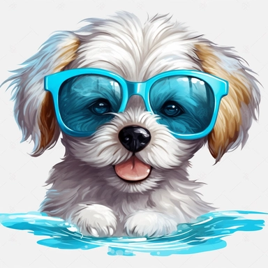 cute puppy dog with sunglasses at the beach clipart white background