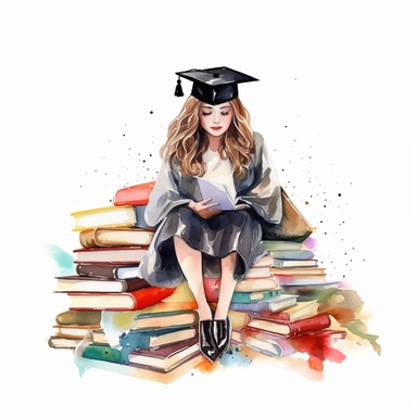beautiful cartoon graduation girl sitting over the huge pile of books clipart, fashionista, it girl, social media art, feminine sticker art, wears cap and cloak, woman empower, clear distinct with the white background, watercolor, no comment, 8k