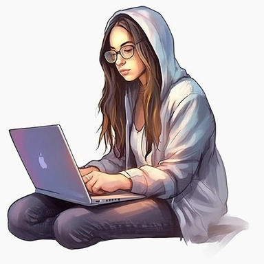 girl working on a laptop, cool hacker clothes, long hair, glasses, watercolor style, clipart solid white background