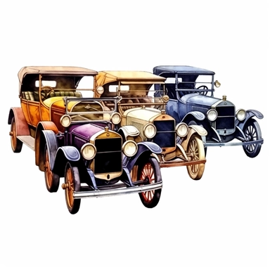 1 watercolor antique cars are shown on a white background, in the style of symbolist watercolors, realistic figures, light indigo and amber, dye-transfer, kodak vision3 200t, airbrush art, heavy shading Clipart desert cartoon t-shirt graphic, vector,contour, isolated on a white background