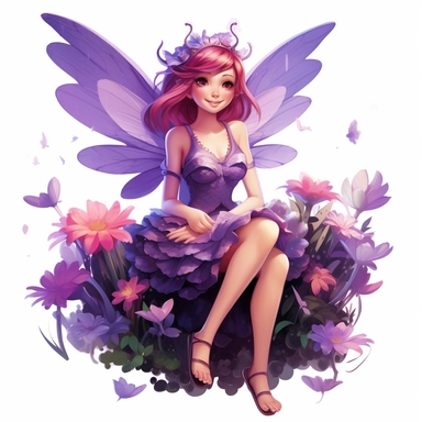 a beautiful smiling fairy girl sitting in flowers, big wings, purple dress, pixar style, full body image, clipart, white background