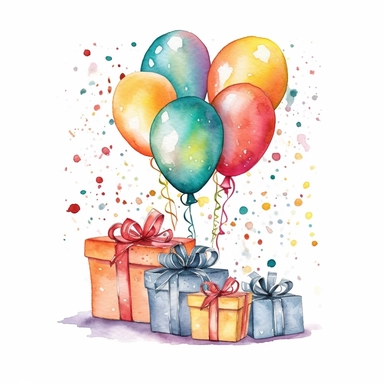 Birthday illustration clip art, holiday graphics collection, party background, watercolor colorful balloons and confetti illustration, carnival greeting graphics, gift box isolated, candies watercolor