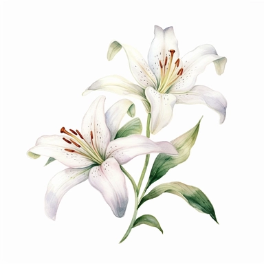 watercolor lily flowers and leaves clipart,tiny, long branches,hd, on white background, space out