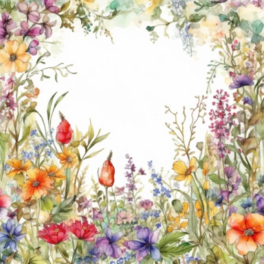 A captivating watercolor floral border clipart, replete with a riot of wildflowers, comes alive against a pristine white background, reminiscent of the loose, expressive style of English artist Helen Wells. The border is a garden of delicate blooms in a symphony of colors, its undulating pattern adding an air of romance, perfect for a wedding theme. The color temperature is a mix of warm and cool tones, echoing the diverse colors of wildflowers. No facial expressions are present, yet each flower