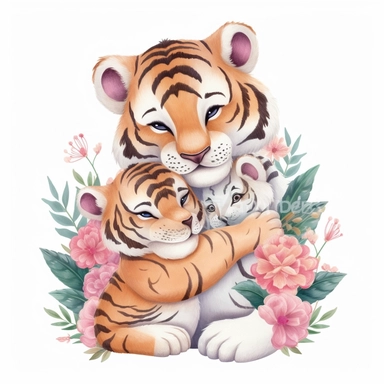 Cute floral illustration, realistic adorable baby tiger hugging his mom happy clipart, nursery style clipart, Nursery Animals Art, Kids Wall Art, Kids Room Decor, Baby Room Decor, isolated on white, ultra - detailed, high quality, ghibli style, award winning