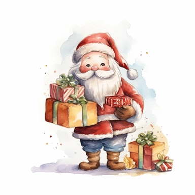 cute watercolor cartoon santa delivering gifts clipart
