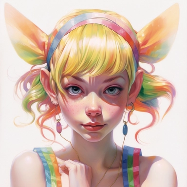 an adorable elf fairy, she should be smiling, head shot, vibrant, colorful pastels, bold lines around image, take inspiration from the artist jamie hewlett, photorealism, clipart, white background