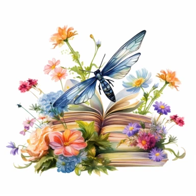 artwork in the style of cicely mary barker, clipart, whimsical watercolour illustration of a cute dragonfly and flowers, very colourful, watercolor clipart, book cover illustration, hyper HD, white background