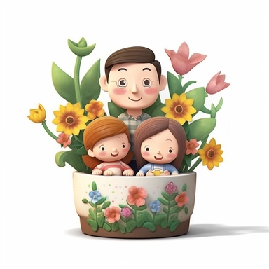 Capture a charming commercial moment with a beautifully detailed, ultra-realistic illustration of a lovables [happy family] half hidden over a pot of nice flowers, backgroundof a nice and floral farm, creating an endearing scene ideal for nursery-style clipart and baby room décor. Isolated on a clean white background, this highly-detailed, award-winning artwork