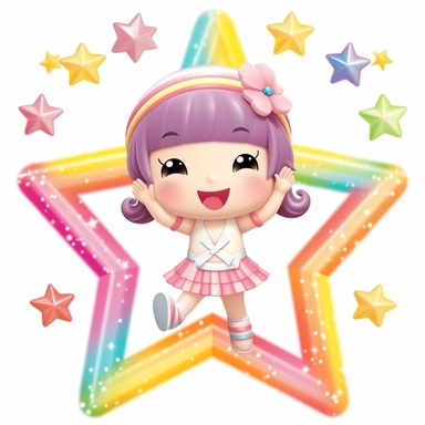 Cute little ballerina dancing over the rainbow, 2 poses and expressions, smiling, happy, candy crush style, 3D, stars and hearts around, pastel colors, kawaii style, chibi style, stars around, isolated on a solid white background Clipart style