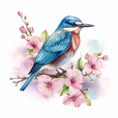 A watercolor illustration of a blue bird on a branch of pink flowers clipart, in the style of instant film, frieke janssens, adrianus eversen, pictorial fabrics, cute and dreamy, cherry blossoms, uhd image on white background