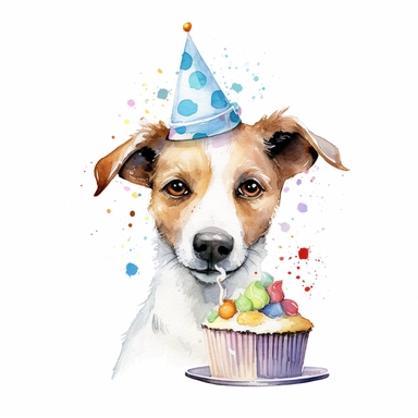 watercolor, clip art, a Jack Russel wearing a party hat and eating cake, birthday, happy face, isolated on a white background