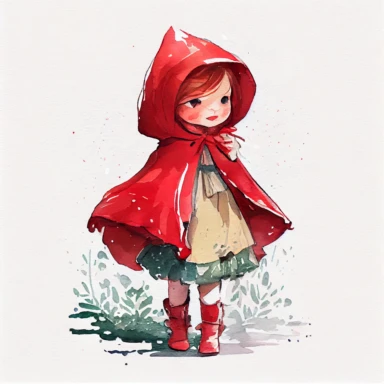 Adorable watercolor painting of a cute Little Red Riding Hood smiling charming storybook style clipart white background,