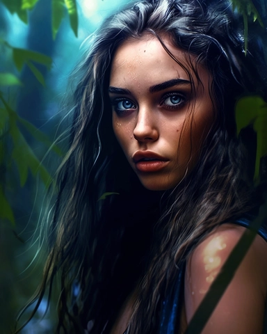 hyper realistic image of a beautiful woman, with blue, bright eyes, wandering in the wild, clipart style