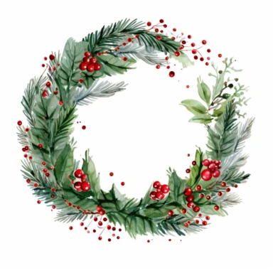 Christmas clipart in a circle, snowy cartoon holly and berries, snowy wreath, with Christmas clipart inside the wreath