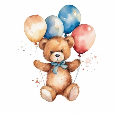 Watercolor Cute Teddy Bear Holding ballons Cliparts,minimalist, isoiliated white background