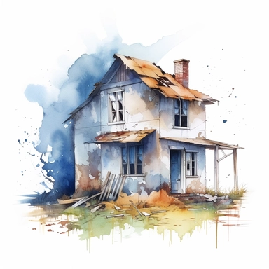 watercolour small broken and abandoned house, clipart on white background, no watermark, highly detailed, professional color gradation, clean sharpness