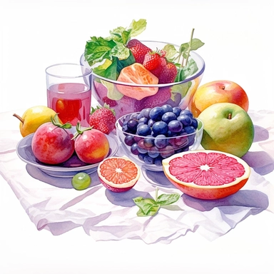 watercolor, hyper realistic, white background, white margins, 16k, ultra detailed clipart, cut out image, hand-drawn a kitchen countertop with a pink and purple tablecloth, adorned with a bowl of fresh fruits and vegetables in the style of carolyn blish, soft watercolours, website, translucent color, aleksandr deyneka, luminous glazes, charming illustrations