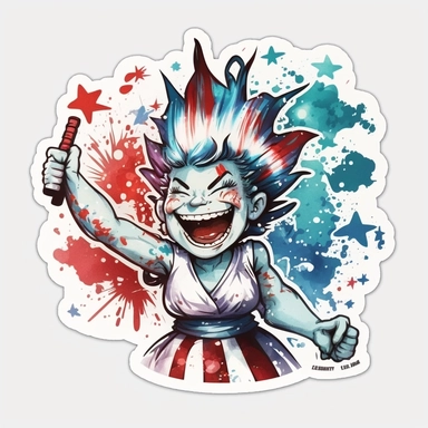 a sticker, a watercolor painting, red, white, and blue colorsplash, clip art, a cute troll with a big smile dressed as Lady Liberty with a background of colorful fireworks.