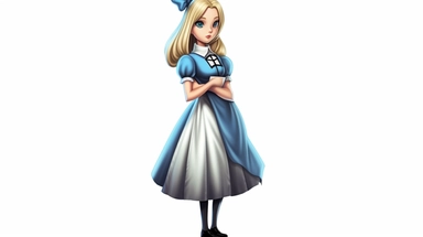 Create a photorealistic image of a full-body clipart-style Alice from Alice in Wonderland. Alice should be depicted in her iconic blue dress and white apron, with her blonde hair held back by a black ribbon. She should be standing in a relaxed pose, with a curious expression on her face. The style should be reminiscent of the original illustrations by John Tenniel, with a touch of modern minimalism. The lighting should be soft and diffused, casting a gentle glow on Alice and highlighting the det