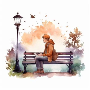 Create One clipart inspired by man sitting on bench reading book: The clipart exudes a cozy ambiance, with a sense of warmth and tranquility. It invites viewers to imagine themselves wandering through this magical nature, discovering its secrets and encountering fantastical creatures.cozzy watercolor style. in 4K. so it can be used in fantasy books. beautifull coloring