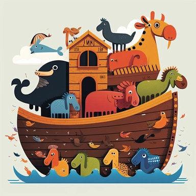 Illustrate the enchanting tale of Noah's Ark through a captivating clipart image featuring a collection of animals. Bring to life the diversity and charm of the animal kingdom as they gather in pairs aboard the legendary ark. Utilize vibrant colors and playful designs to evoke a sense of joy and whimsy. Arrange the animals in a harmonious composition, ensuring each species is easily recognizable and engaging. Infuse the scene with a warm and inviting atmosphere, as if portraying a moment of cama