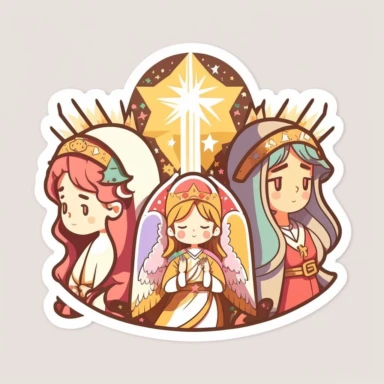 vector sticker design, anime style Christmas nativity clipart, white background, flat colors