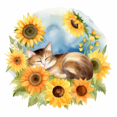 a cat napping in a garden with sunflowers watercolor clipart no fonts no letters no words