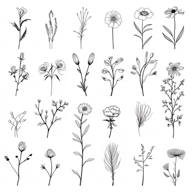 birth flowers clipart set, minimalistic thin line pencil drawing, svg, white background, floral line art