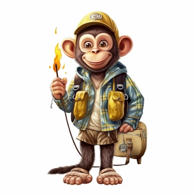 cute Monkey character wearing camping clothes and camping gear with happy face,front facing on isolated background,with happy face and expression,Animal Sublimation Clipart,no splash watercolor,white background, ultra detailed clipart, cut out image, colorful watercolor realistic, cartoon style, ultra HD, sharp and clean art