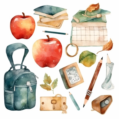 watercolor clipart back to school cute elements, school supplies, school blackboard, class room desk, etc. hight quality white background